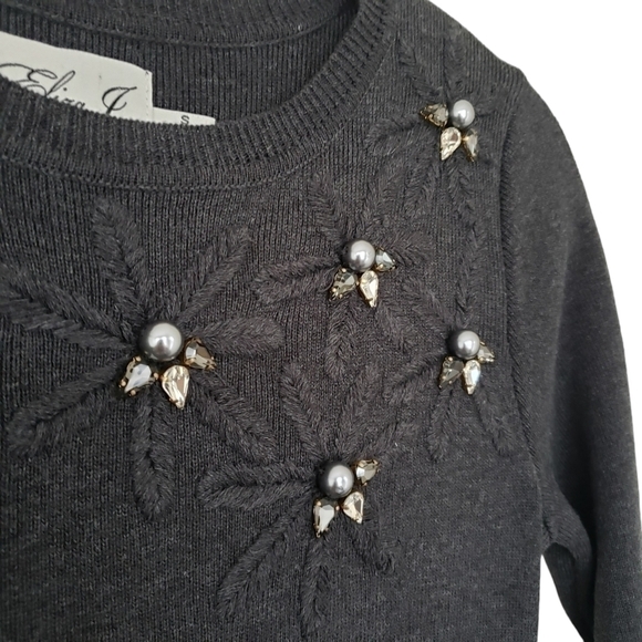 Eliza J Dark Gray Long Sleeve Fit & Flare Knit Dress With Embellishments - Picture 5 of 9